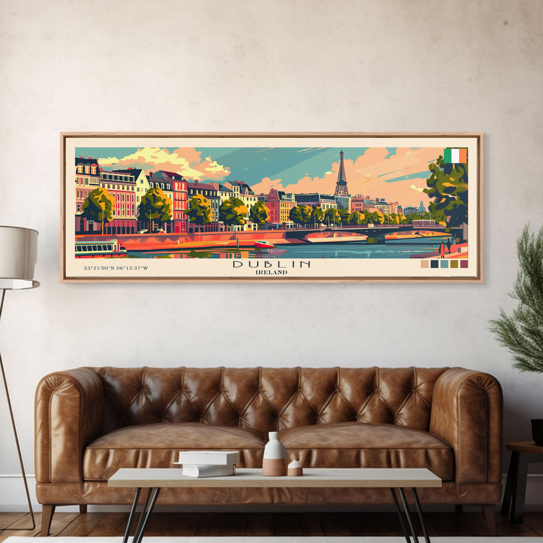 Dublin Ireland Panoramic Travel Poster, Framed Canvas Print or Metal Wall Art, Travel Art, Home Decor, Panoramic Painting, Midcentury Art