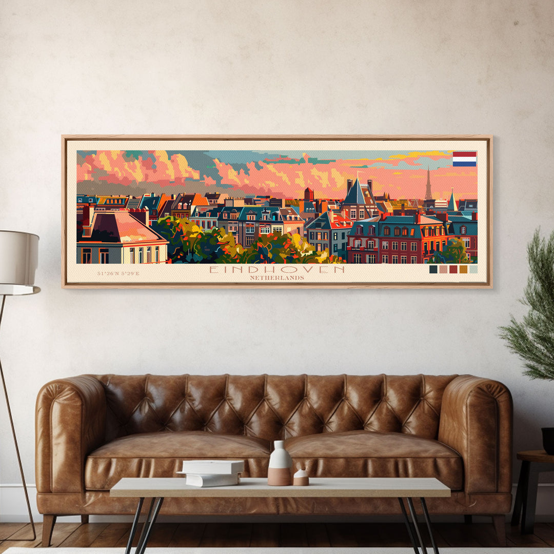 Eindhoven Netherlands Panoramic Travel Poster, Framed Canvas Print or Metal Wall Art, Travel Art, Home Decor, Panoramic Painting, Midcentury Art