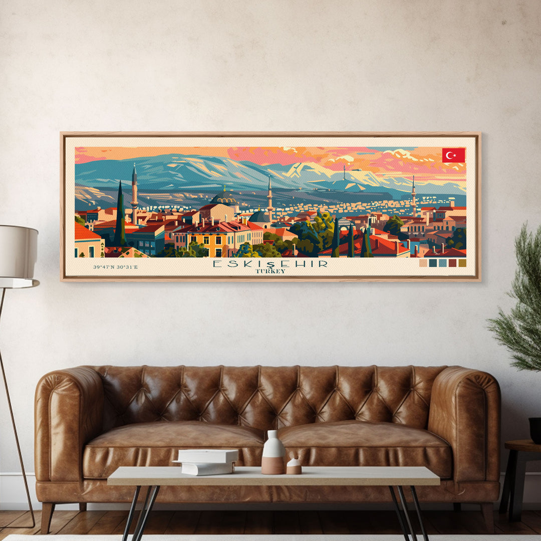 Eskisehir Turkey Panoramic Travel Poster, Framed Canvas Print or Metal Wall Art, Travel Art, Home Decor, Panoramic Painting, Midcentury Art