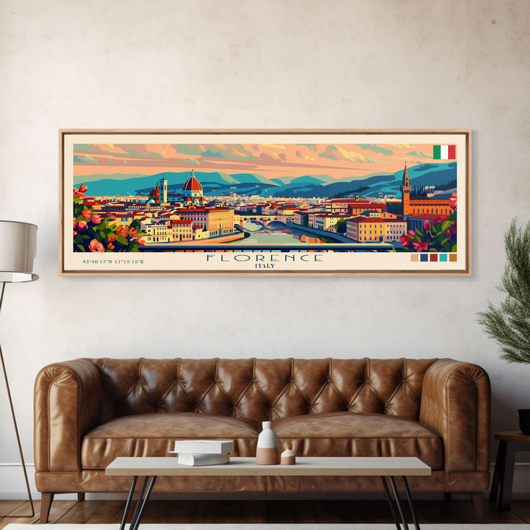 Florence Italy Panoramic Travel Poster, Framed Canvas Print or Metal Wall Art, Travel Art, Home Decor, Panoramic Painting, Midcentury Art