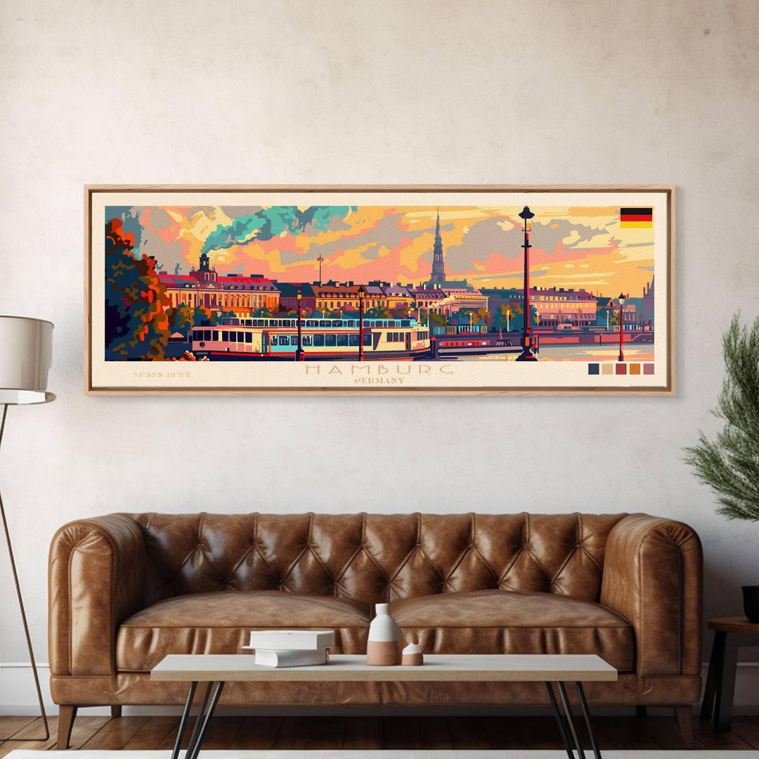 Hamburg Germany Travel Print Wall Art, Panoramic City Art, Travel Art, Wall Decor, Vacation Gift, Framed Canvas Print Or Metal Art