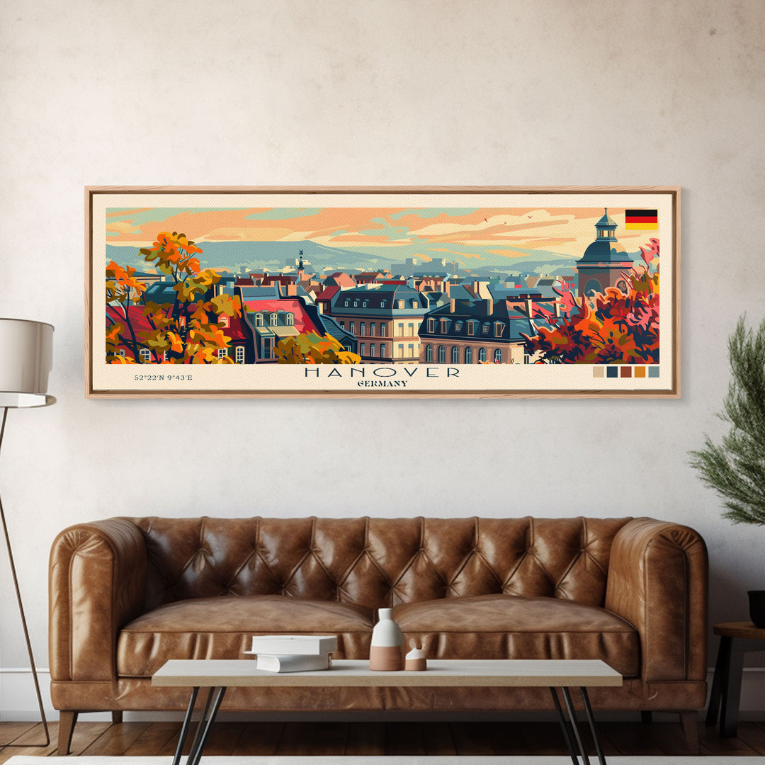 Hanover Germany Panoramic Travel Poster, Framed Canvas Print or Metal Wall Art, Travel Art, Home Decor, Panoramic Painting, Midcentury Art