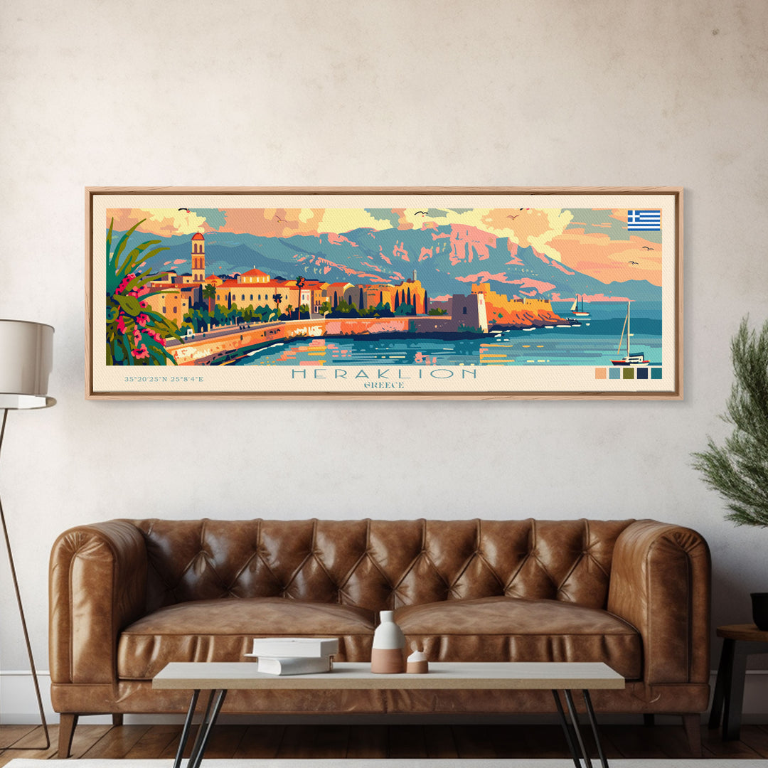 Heraklion Greece Panoramic Travel Poster, Framed Canvas Print or Metal Wall Art, Travel Art, Home Decor, Panoramic Painting, Midcentury Art