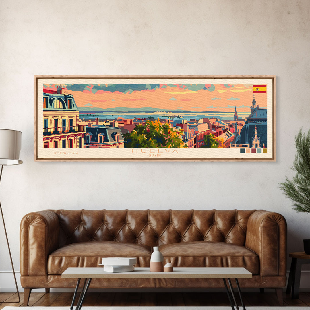 Huelva Spain Panoramic Travel Poster, Framed Canvas Print or Metal Wall Art, Travel Art, Home Decor, Panoramic Painting, Midcentury Art