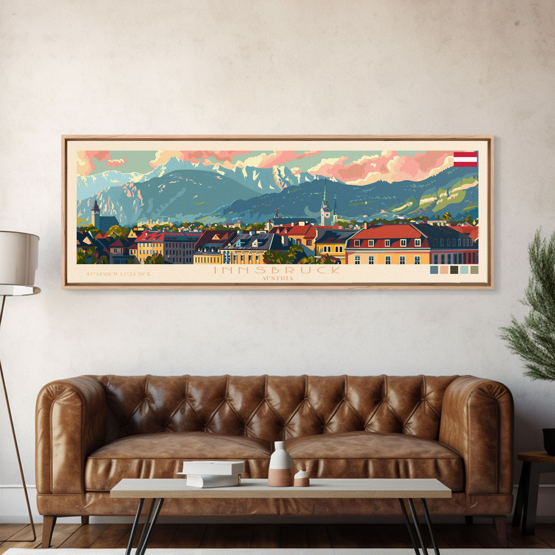 Innsbruck Austria Panoramic Travel Poster, Framed Canvas Print or Metal Wall Art, Travel Art, Home Decor, Panoramic Painting, Midcentury Art