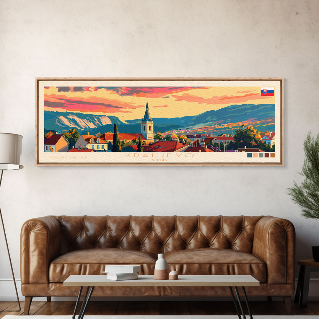 Kraljevo Serbia Panoramic Travel Poster, Framed Canvas Print or Metal Wall Art, Travel Art, Home Decor, Panoramic Painting, Midcentury Art