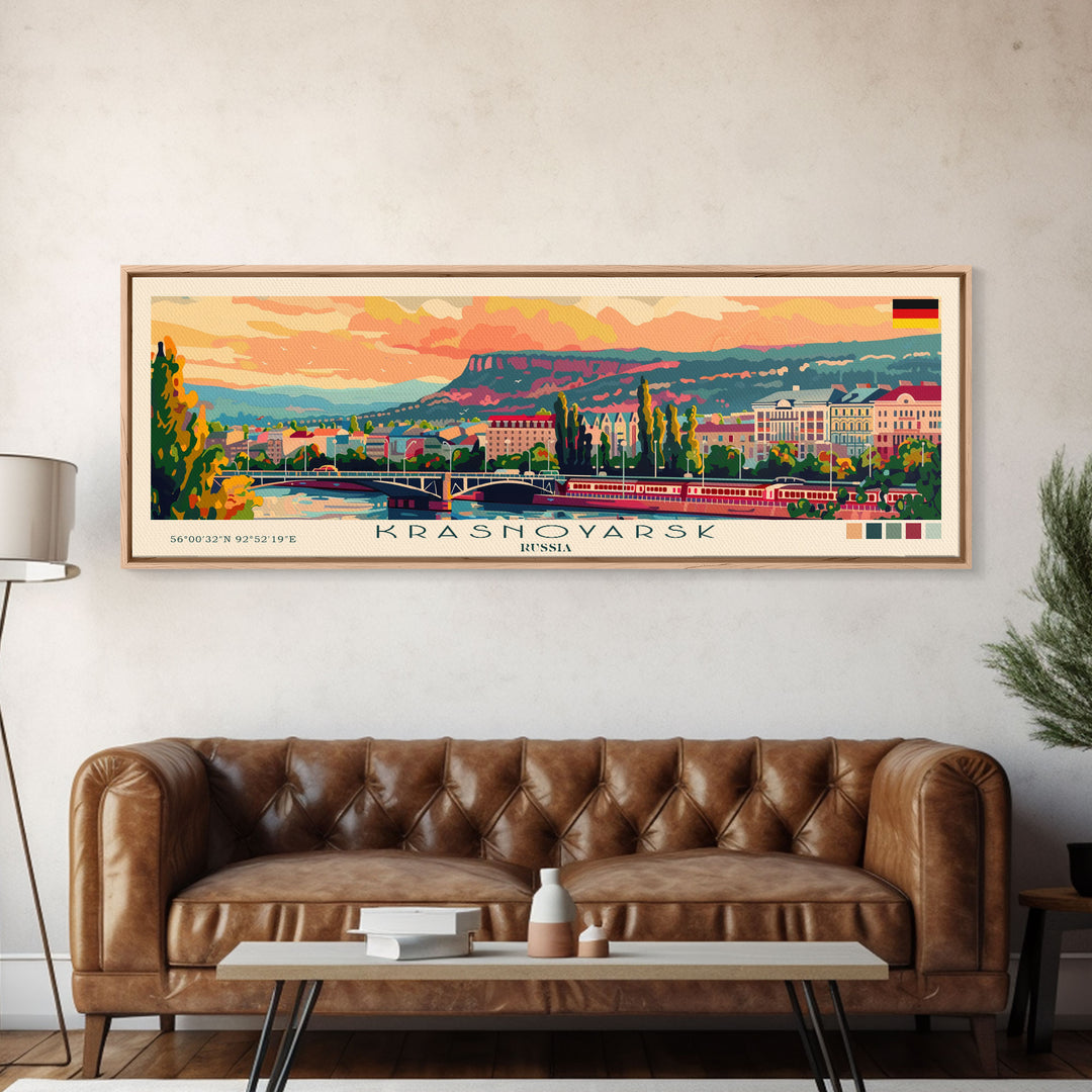 Krasnoyarsk Russia Travel Art, City Art, Framed Canvas Print or Metal Wall Art, Europe Travel Poster, Panoramic Wall Art, Extra Wide Wall Art