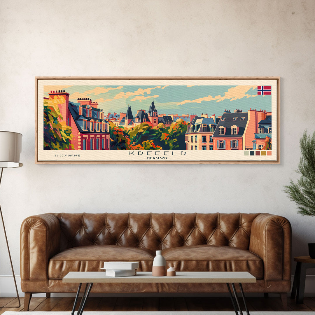 Krefeld Germany Panoramic Travel Poster, Framed Canvas Print or Metal Wall Art, Travel Art, Home Decor, Panoramic Painting, Midcentury Art