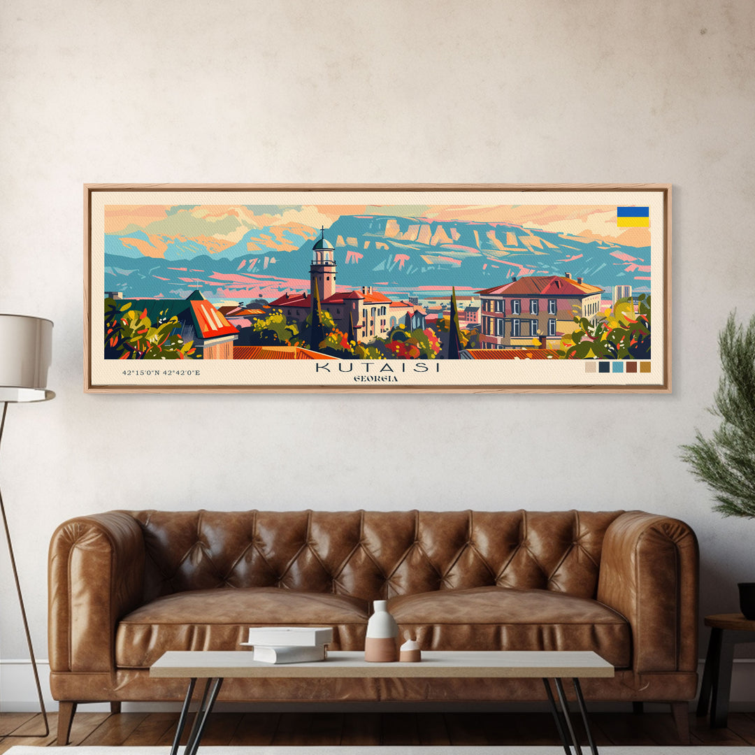 Kutaisi Georgia Panoramic Travel Poster, Framed Canvas Print or Metal Wall Art, Travel Art, Home Decor, Panoramic Painting, Midcentury Art