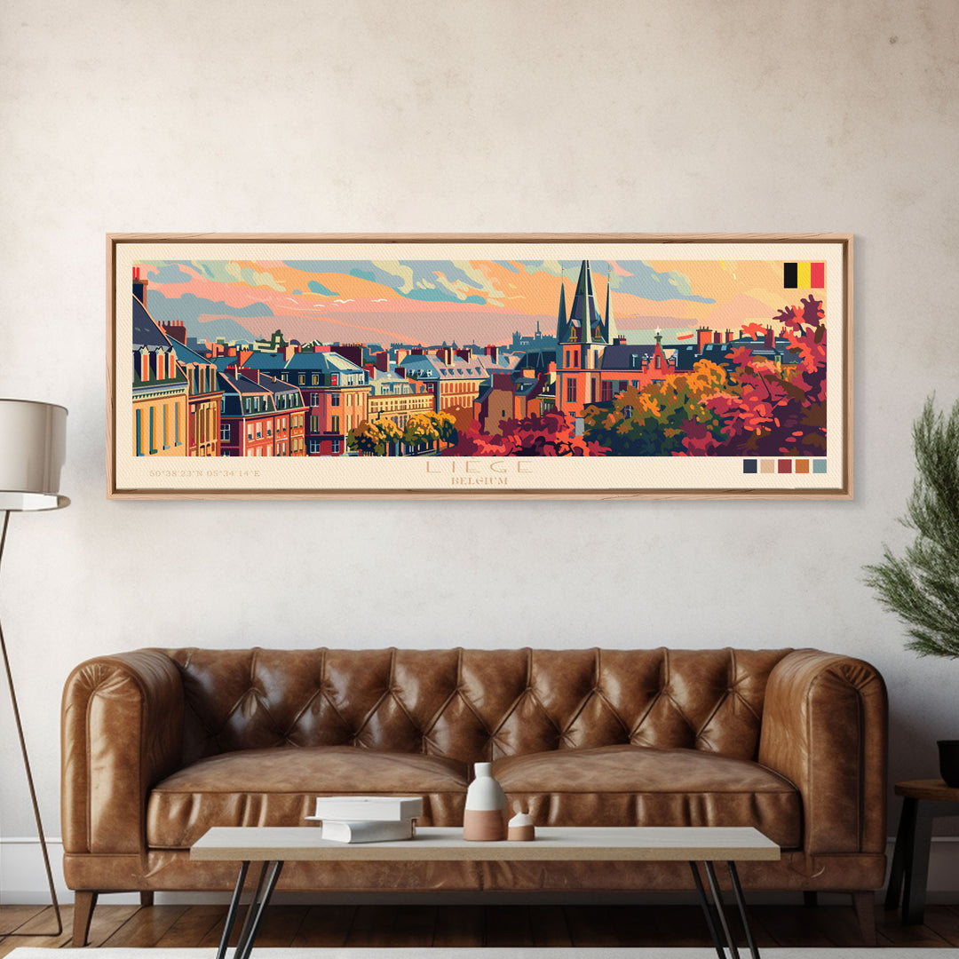 Liege Belgium Panoramic Travel Poster, Framed Canvas Print or Metal Wall Art, Travel Art, Home Decor, Panoramic Painting, Midcentury Art