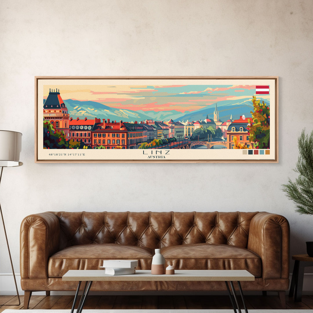 Linz Austria Panoramic Travel Poster, Framed Canvas Print or Metal Wall Art, Travel Art, Home Decor, Panoramic Painting, Midcentury Art