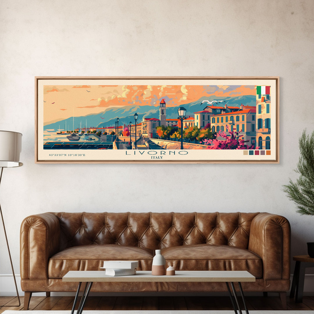 Livorno Italy Panoramic Travel Poster, Framed Canvas Print or Metal Wall Art, Travel Art, Home Decor, Panoramic Painting, Midcentury Art