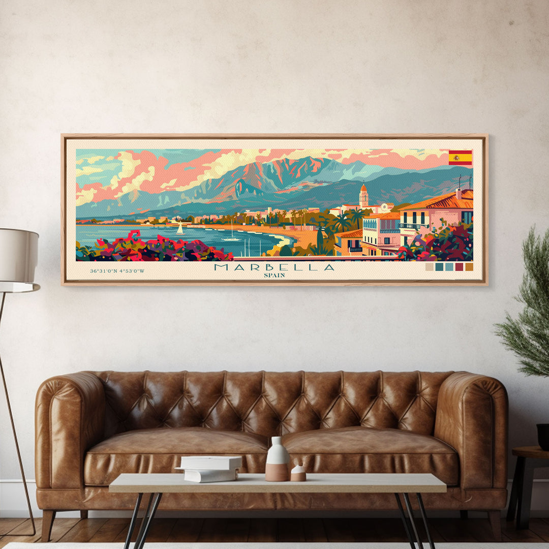 Marbella Spain Travel Art, City Art, Framed Canvas Print or Metal Wall Art, Europe Travel Poster, Panoramic Wall Art, Extra Wide Wall Art