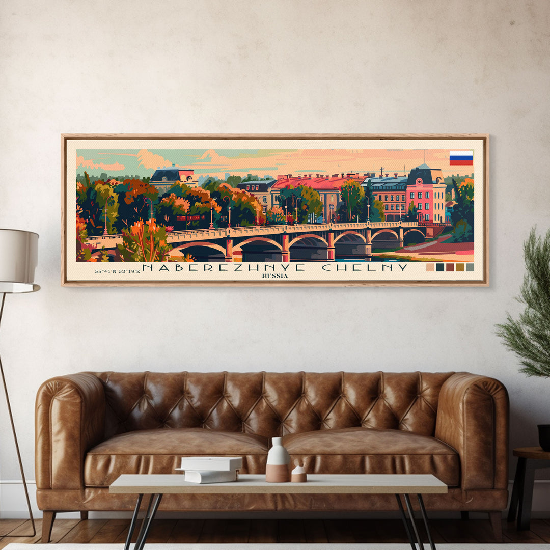 Naberezhnye Russia Travel Art, City Art, Framed Canvas Print or Metal Wall Art, Europe Travel Poster, Panoramic Wall Art, Extra Wide Wall Art