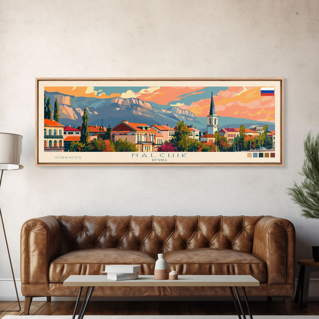 Nalchik Russia Panoramic Travel Poster, Framed Canvas Print or Metal Wall Art, Travel Art, Home Decor, Panoramic Painting, Midcentury Art