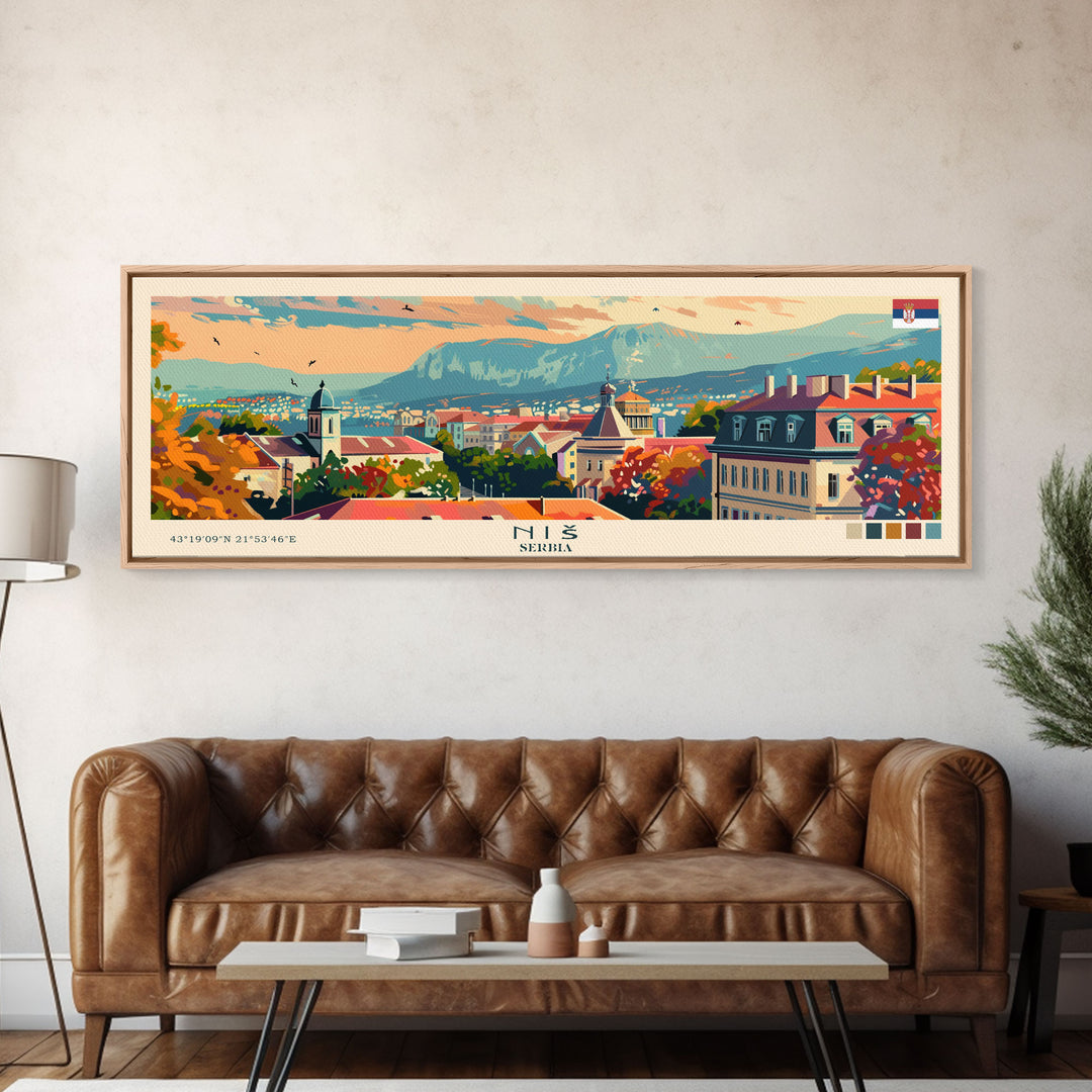 Niš Serbia Panoramic Travel Poster, Framed Canvas Print or Metal Wall Art, Travel Art, Home Decor, Panoramic Painting, Midcentury Art