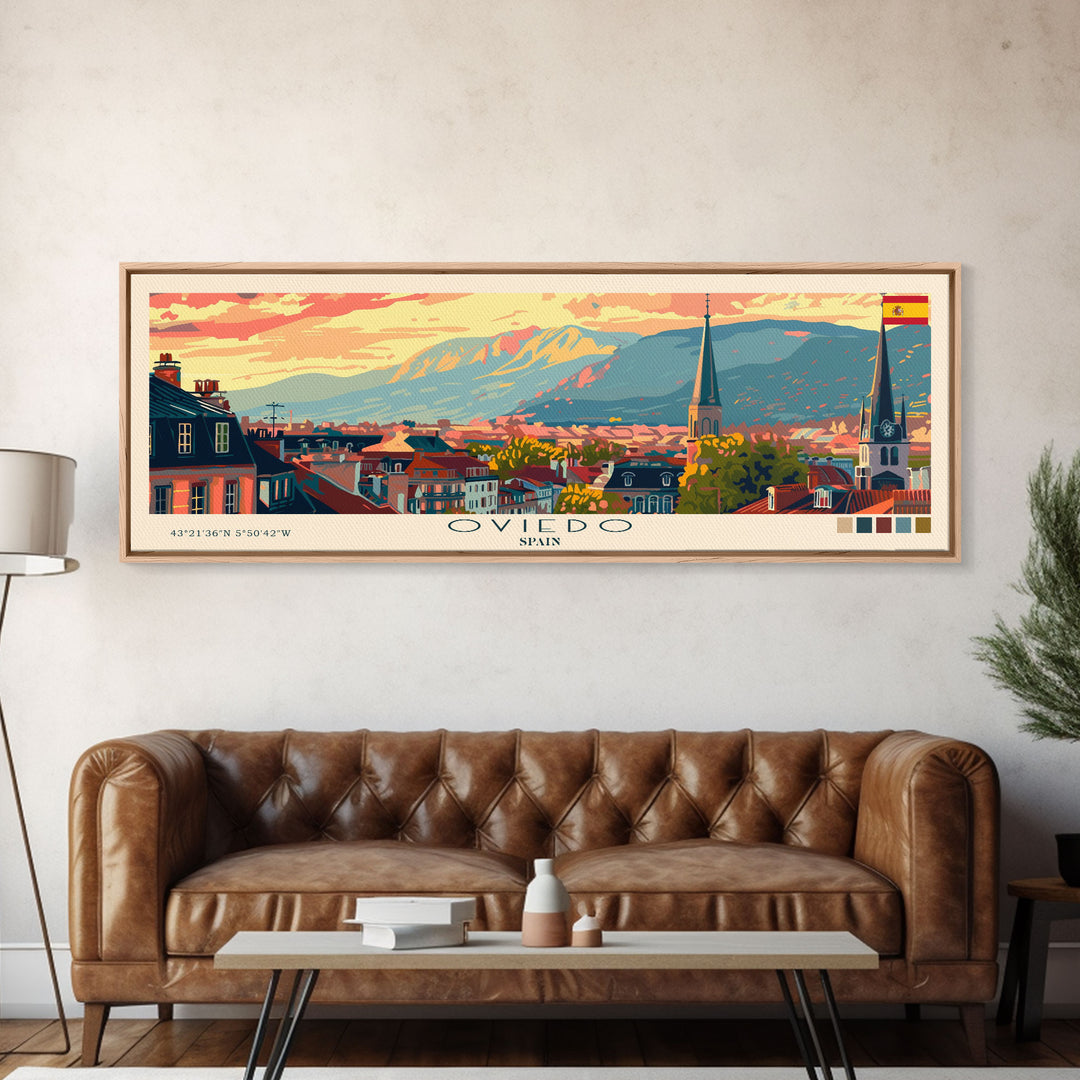 Oviedo Spain Travel Art, City Art, Framed Canvas Print or Metal Wall Art, Europe Travel Poster, Panoramic Wall Art, Extra Wide Wall Art