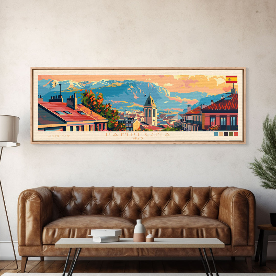 Pamplona Spain Panoramic Travel Poster, Framed Canvas Print or Metal Wall Art, Travel Art, Home Decor, Panoramic Painting, Midcentury Art