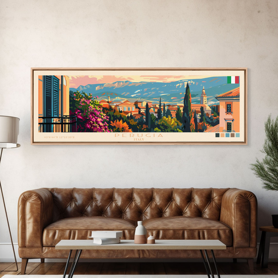 Perugia Italy Panoramic Travel Poster, Framed Canvas Print or Metal Wall Art, Travel Art, Home Decor, Panoramic Painting, Midcentury Art