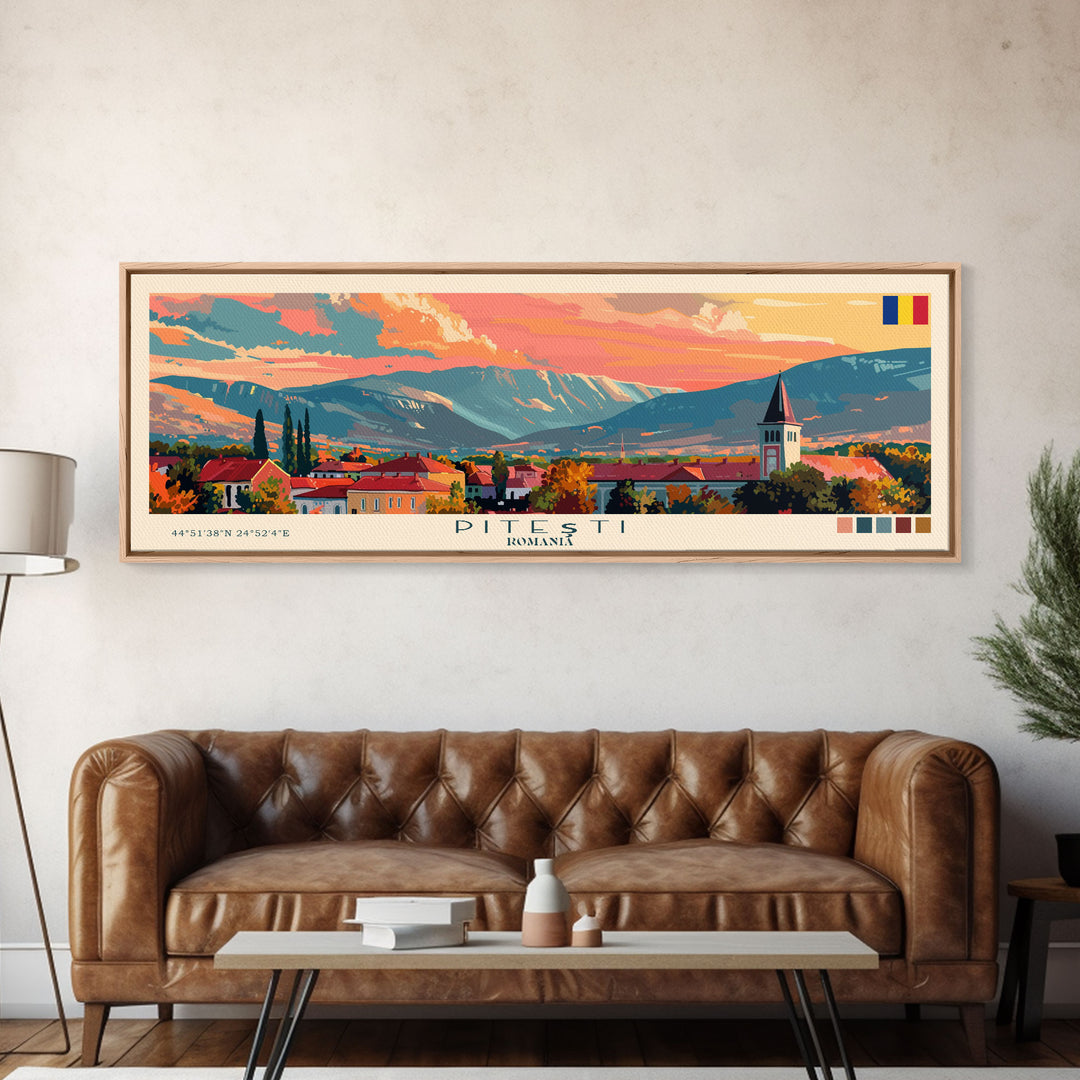 Piteti Romania Panoramic Travel Poster, Framed Canvas Print or Metal Wall Art, Travel Art, Home Decor, Panoramic Painting, Midcentury Art