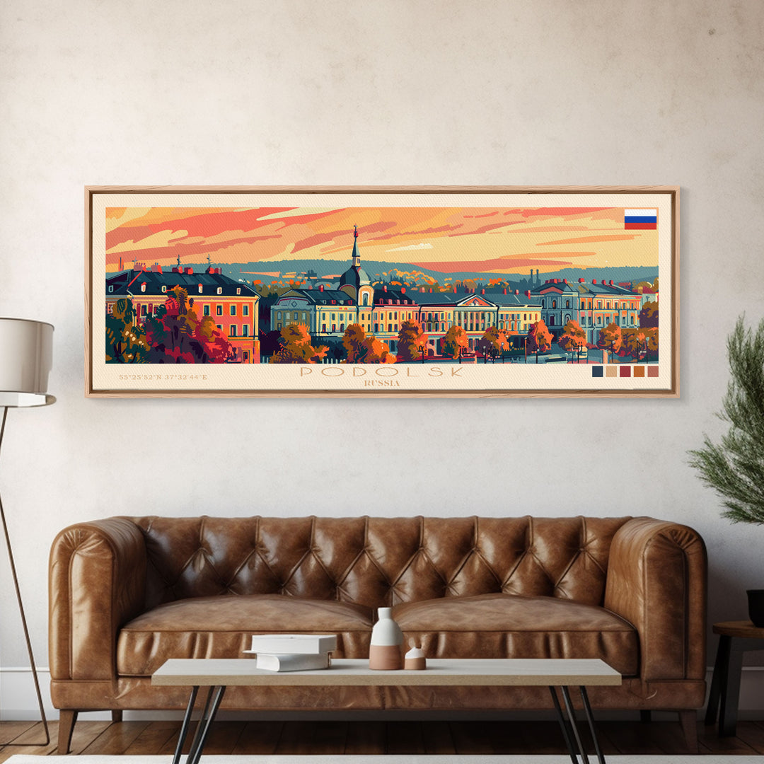 Podolsk Russia Panoramic Travel Poster, Framed Canvas Print or Metal Wall Art, Travel Art, Home Decor, Panoramic Painting, Midcentury Art