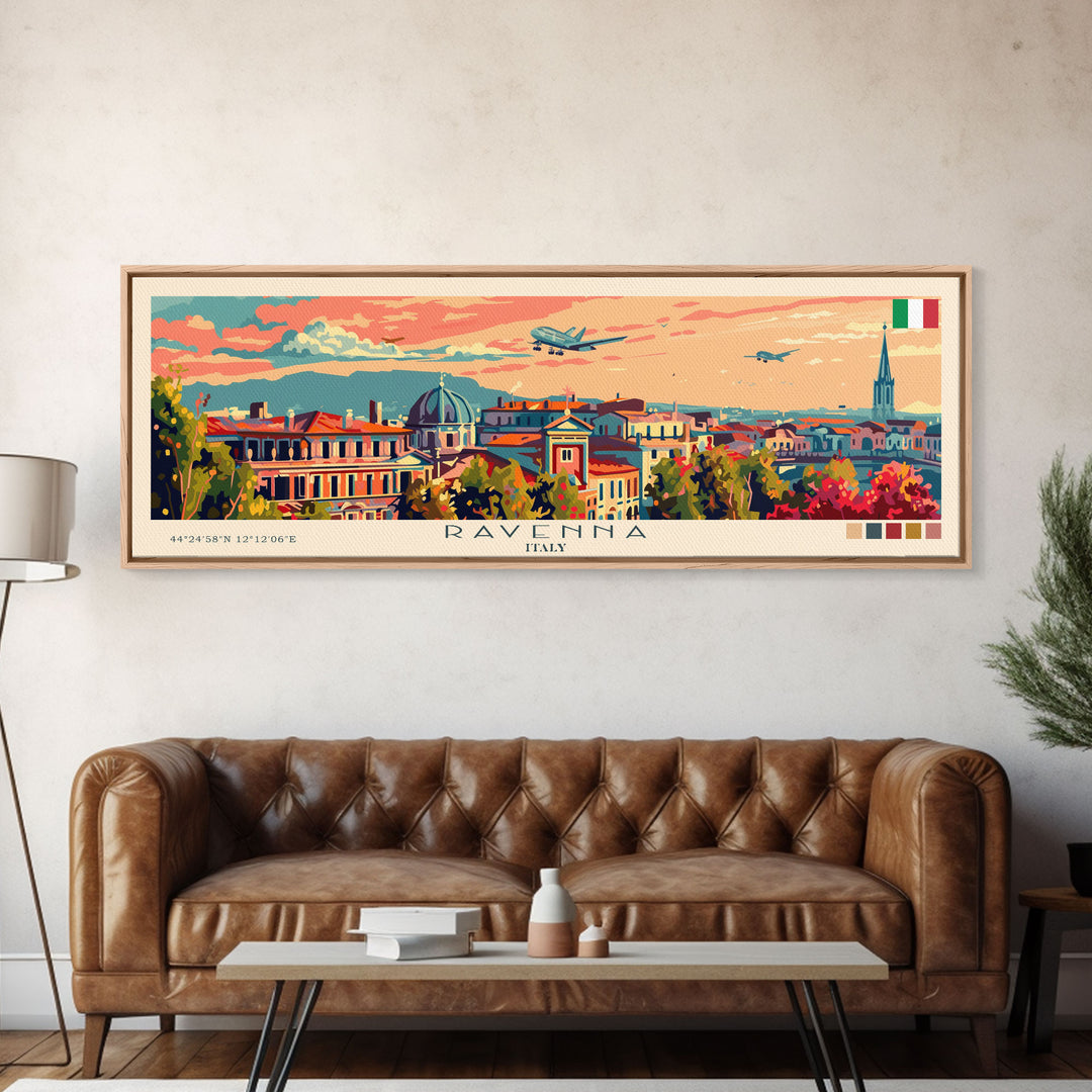 Ravenna Italy Panoramic Travel Poster, Framed Canvas Print or Metal Wall Art, Travel Art, Home Decor, Panoramic Painting, Midcentury Art