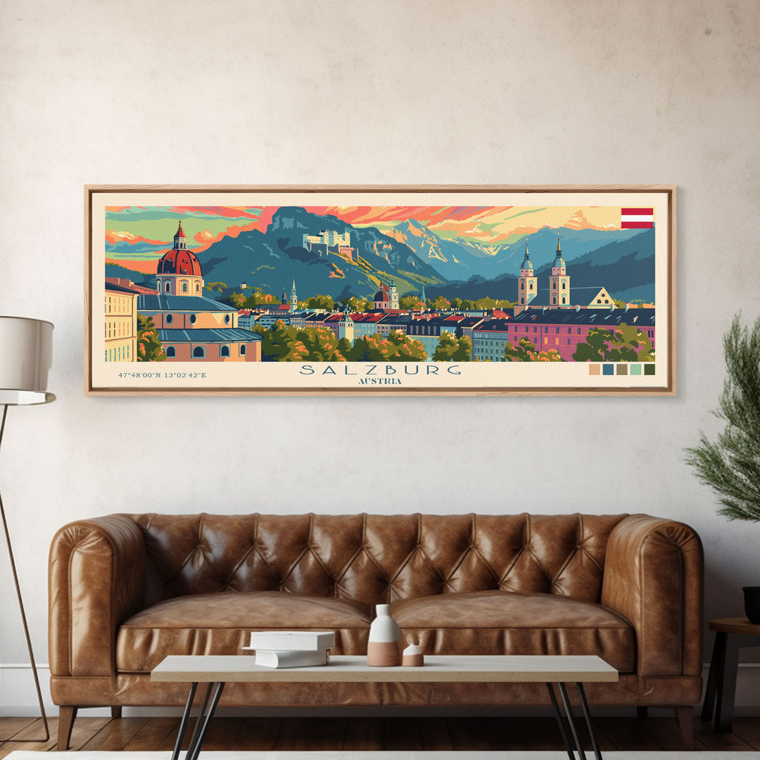 Salzburg Austria Panoramic Travel Poster, Framed Canvas Print or Metal Wall Art, Travel Art, Home Decor, Panoramic Painting, Midcentury Art