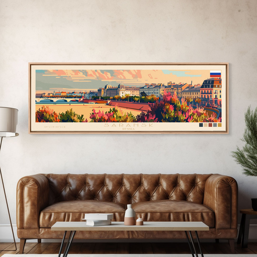 Saransk Russia Panoramic Travel Poster, Framed Canvas Print or Metal Wall Art, Travel Art, Home Decor, Panoramic Painting, Midcentury Art