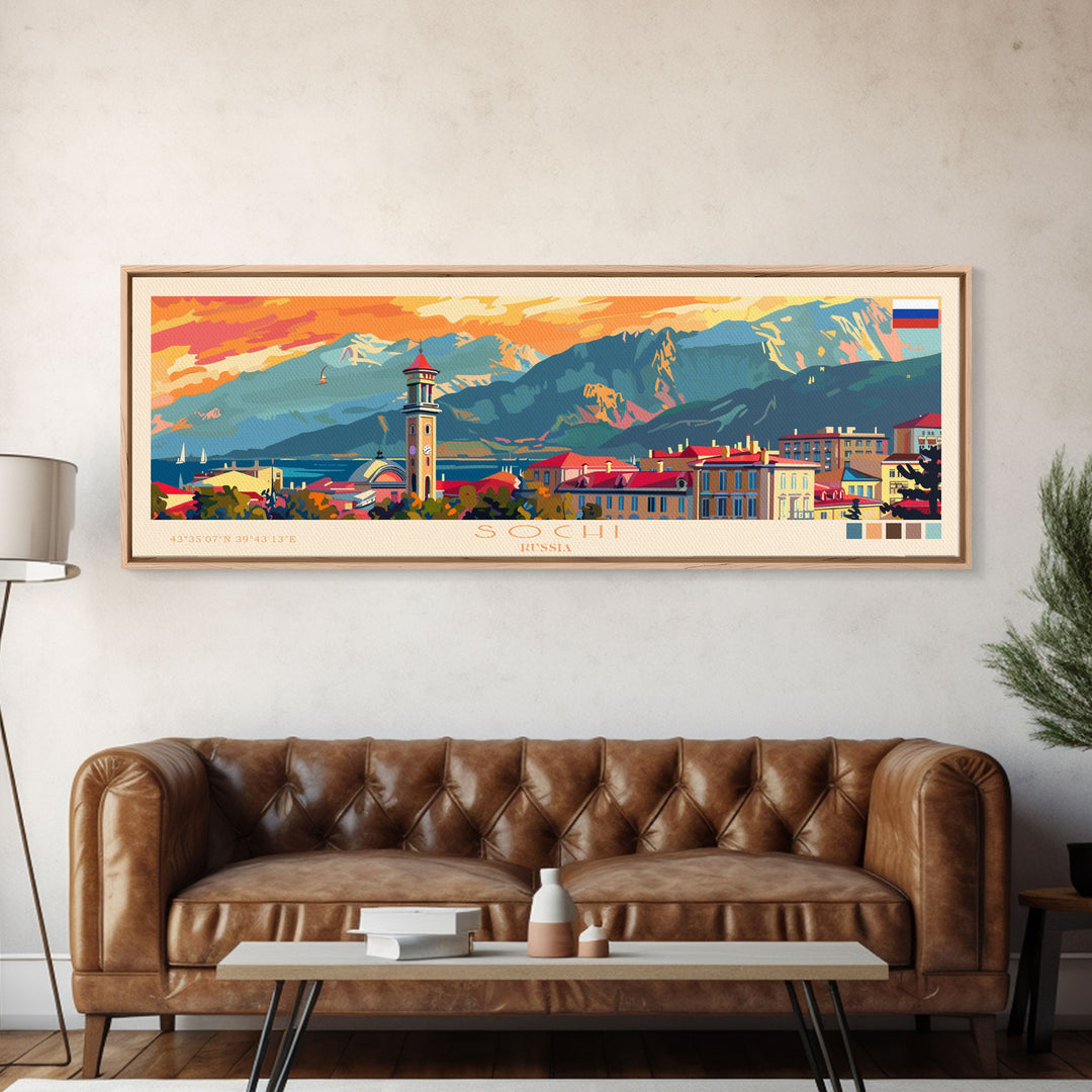 Sochi Russia Panoramic Travel Poster, Framed Canvas Print or Metal Wall Art, Travel Art, Home Decor, Panoramic Painting, Midcentury Art