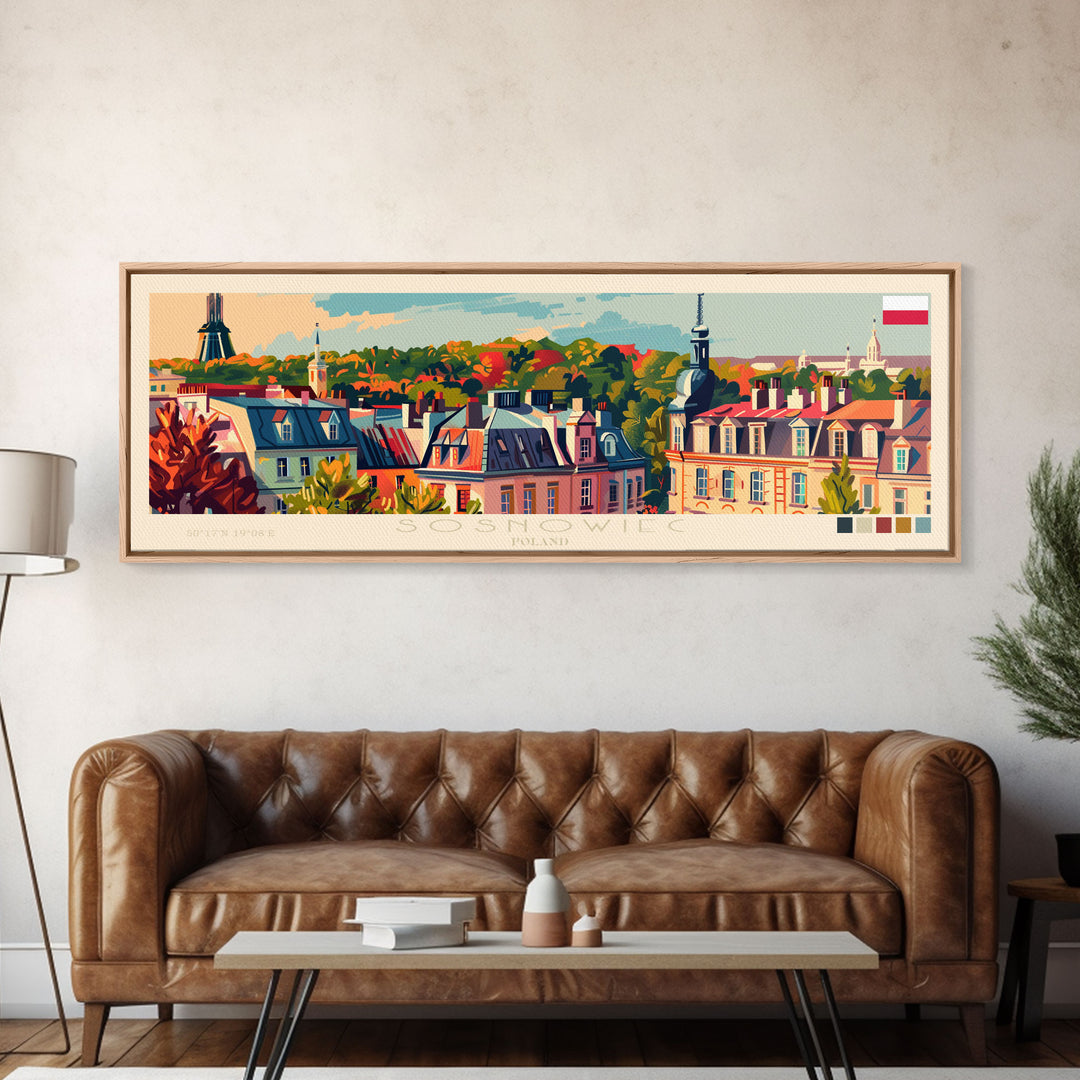 Sosnowiec Poland Panoramic Travel Poster, Framed Canvas Print or Metal Wall Art, Travel Art, Home Decor, Panoramic Painting, Midcentury Art