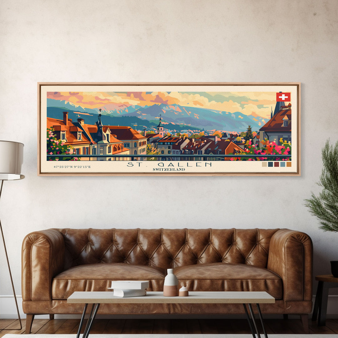 St. Gallen Switzerland Panoramic Travel Poster, Framed Canvas Print or Metal Wall Art, Travel Art, Home Decor, Panoramic Painting, Midcentury Art