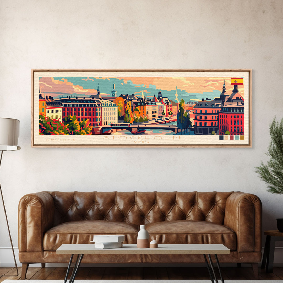 Stockholm Sweden Travel Art, City Art, Framed Canvas Print or Metal Wall Art, Europe Travel Poster, Panoramic Wall Art, Extra Wide Wall Art