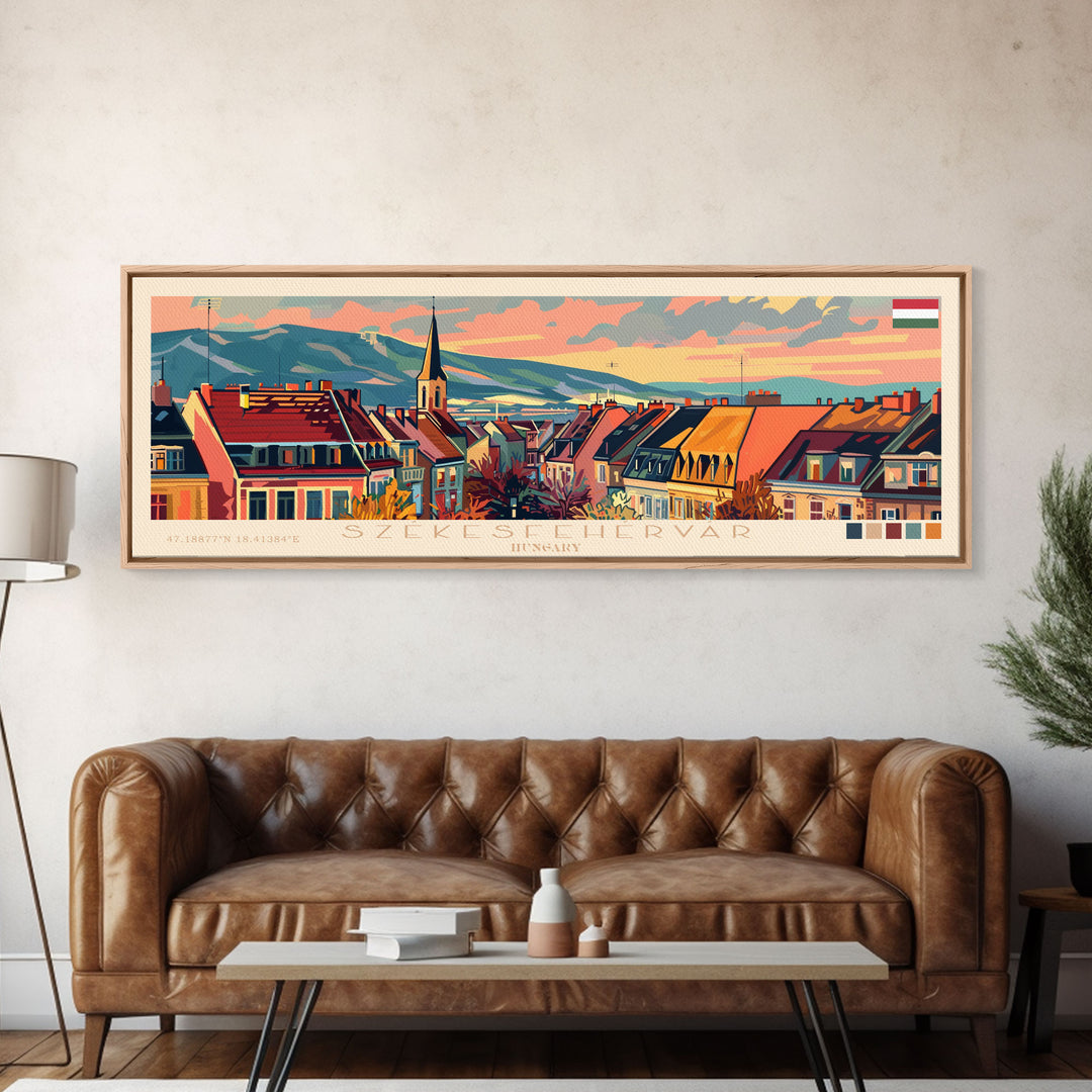 Szkesfehervar Hungary Panoramic Travel Poster, Framed Canvas Print or Metal Wall Art, Travel Art, Home Decor, Panoramic Painting, Midcentury Art