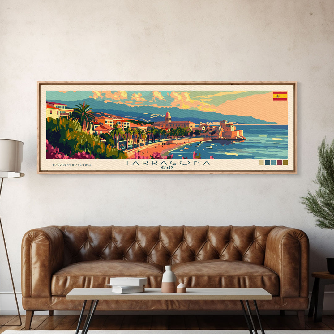 Tarragona Spain Panoramic Travel Poster, Framed Canvas Print or Metal Wall Art, Travel Art, Home Decor, Panoramic Painting, Midcentury Art