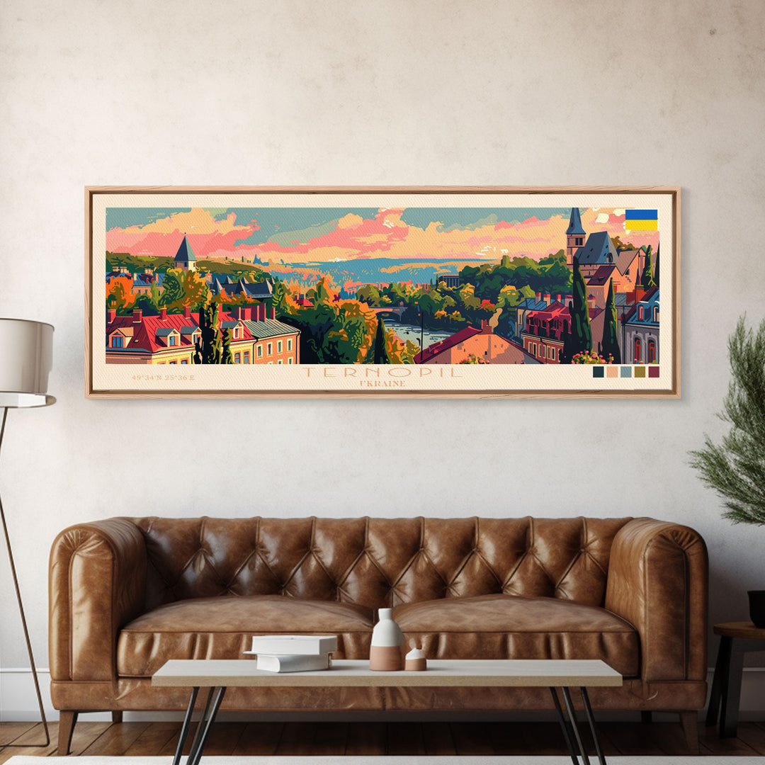 Ternopil Ukraine Panoramic Travel Poster, Framed Canvas Print or Metal Wall Art, Travel Art, Home Decor, Panoramic Painting, Midcentury Art