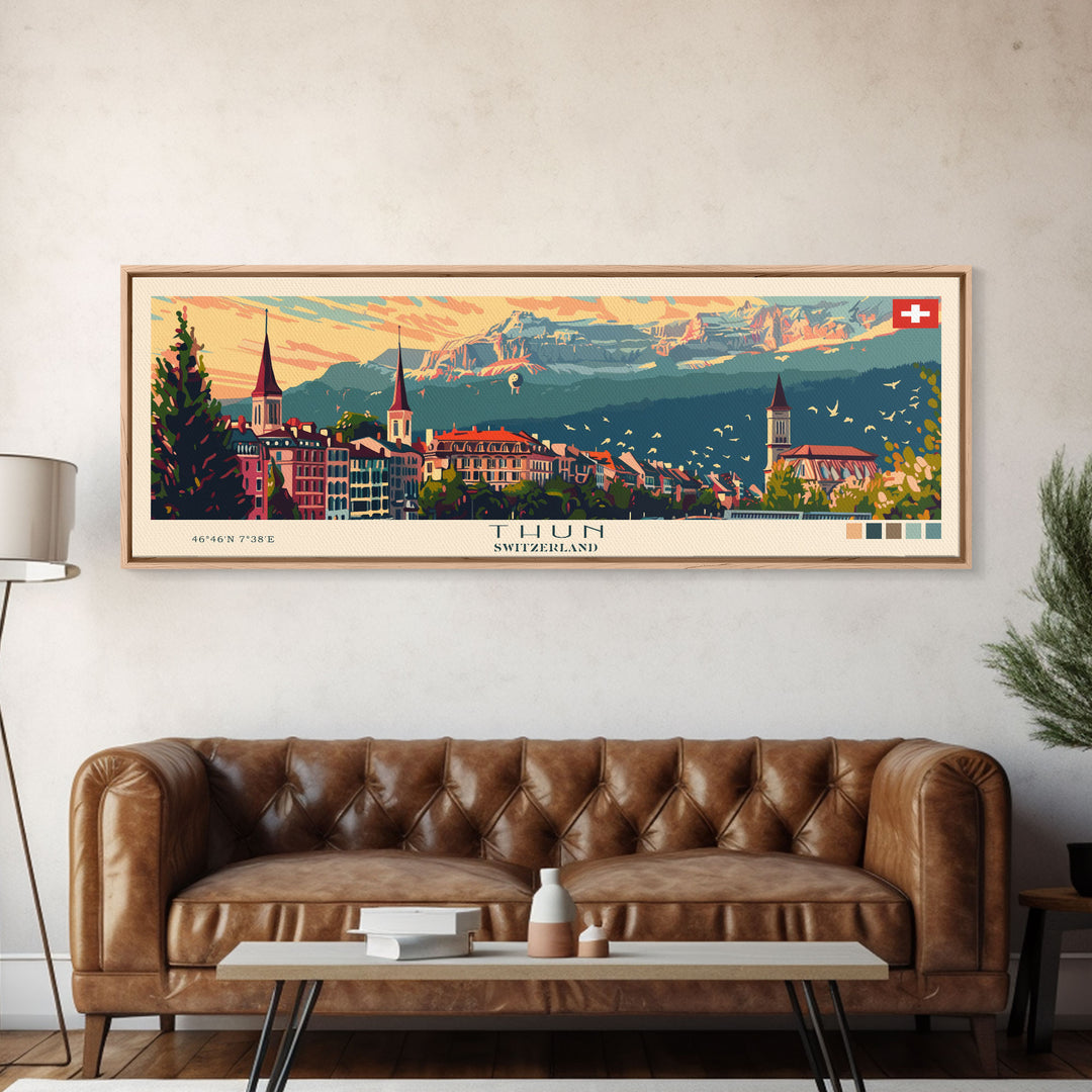 Thun Switzerland Panoramic Travel Poster, Framed Canvas Print or Metal Wall Art, Travel Art, Home Decor, Panoramic Painting, Midcentury Art