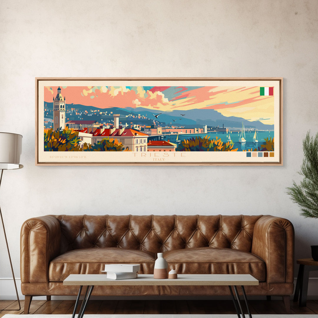 Trieste Italy Panoramic Travel Poster, Framed Canvas Print or Metal Wall Art, Travel Art, Home Decor, Panoramic Painting, Midcentury Art