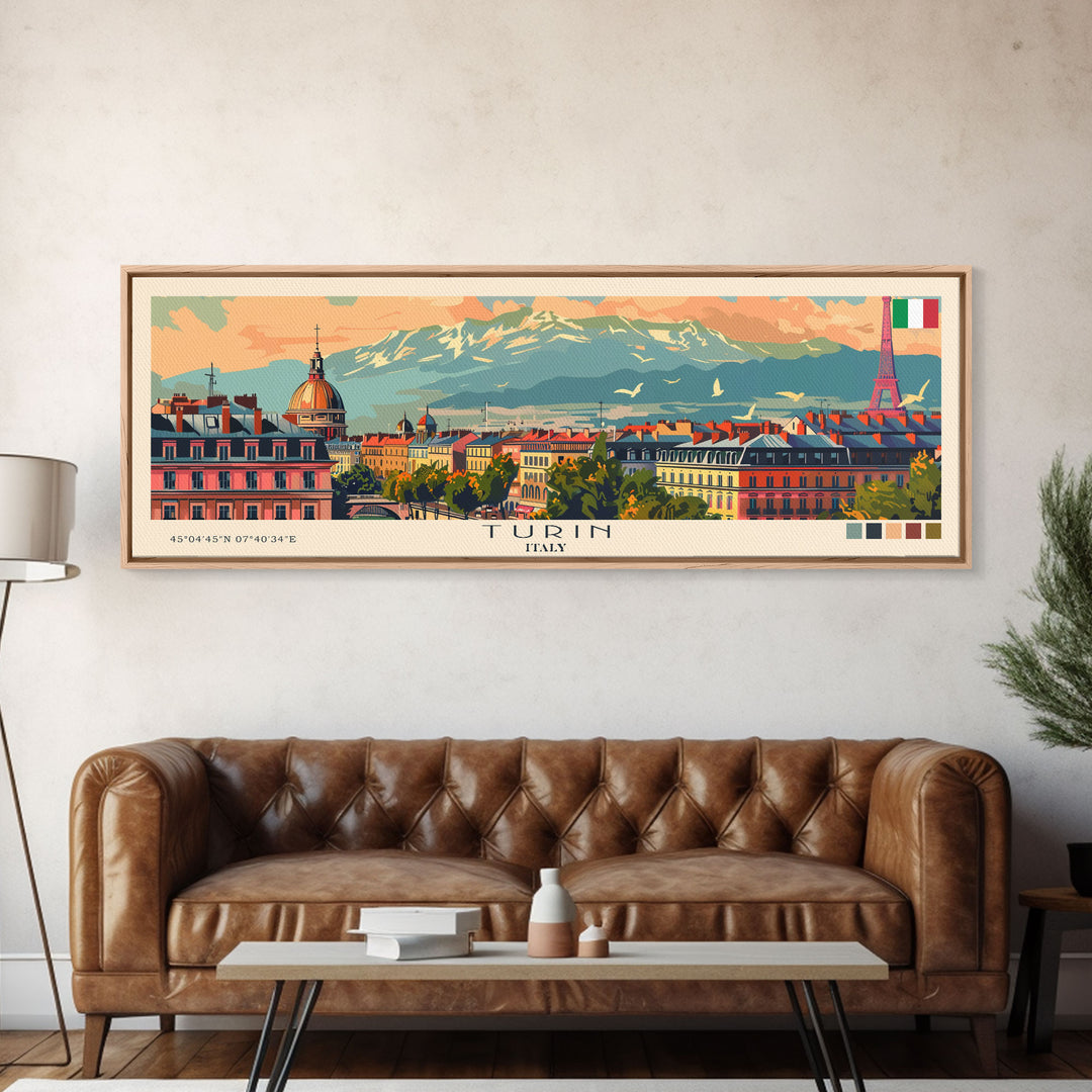 Turin Italy Panoramic Travel Poster, Framed Canvas Print or Metal Wall Art, Travel Art, Home Decor, Panoramic Painting, Midcentury Art