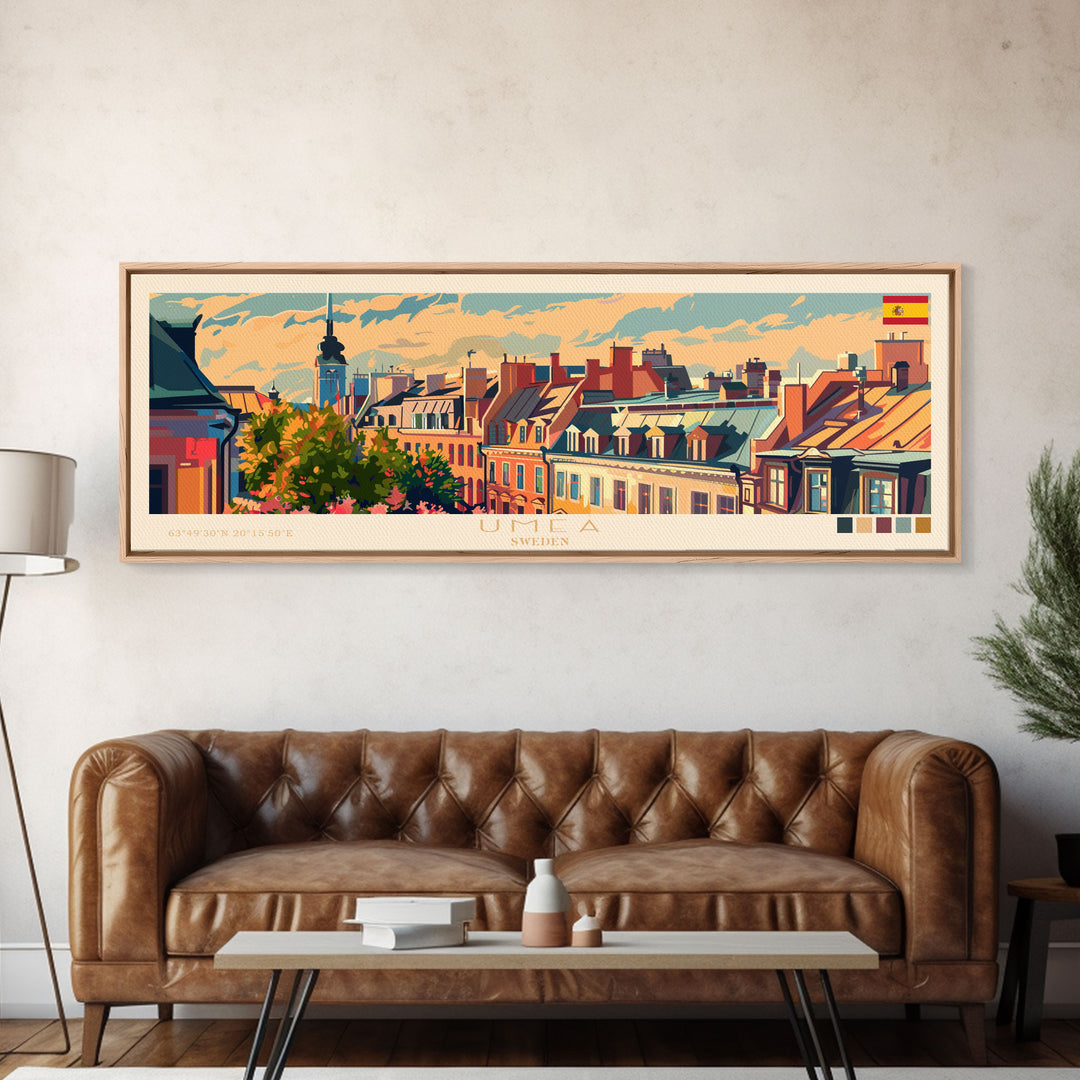 Ume Sweden Panoramic Travel Poster, Framed Canvas Print or Metal Wall Art, Travel Art, Home Decor, Panoramic Painting, Midcentury Art