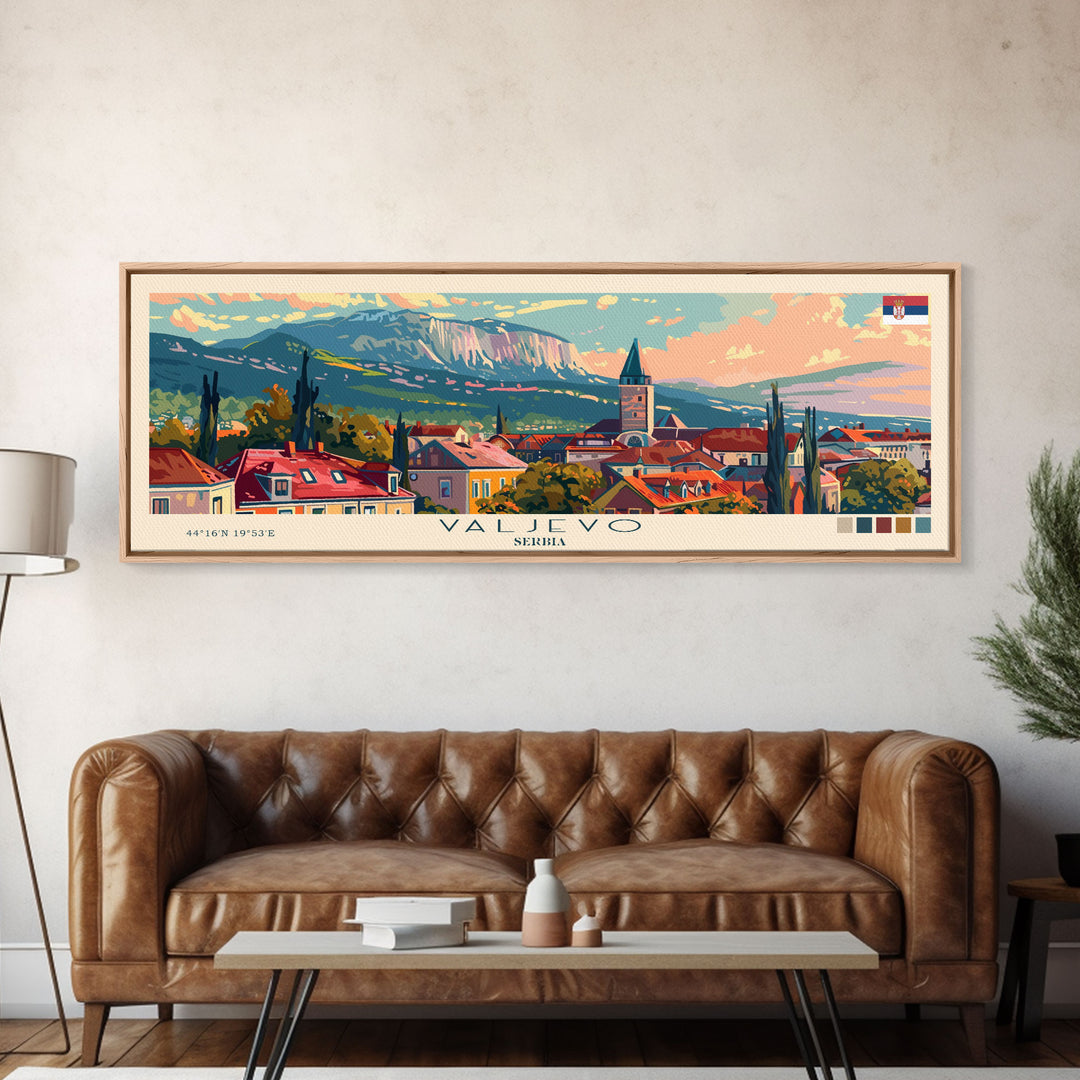 Valjevo Serbia Panoramic Travel Poster, Framed Canvas Print or Metal Wall Art, Travel Art, Home Decor, Panoramic Painting, Midcentury Art