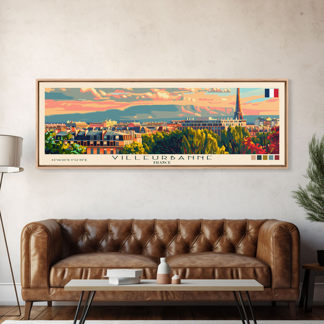 Villeurbanne France Panoramic Travel Poster, Framed Canvas Print or Metal Wall Art, Travel Art, Home Decor, Panoramic Painting, Midcentury Art