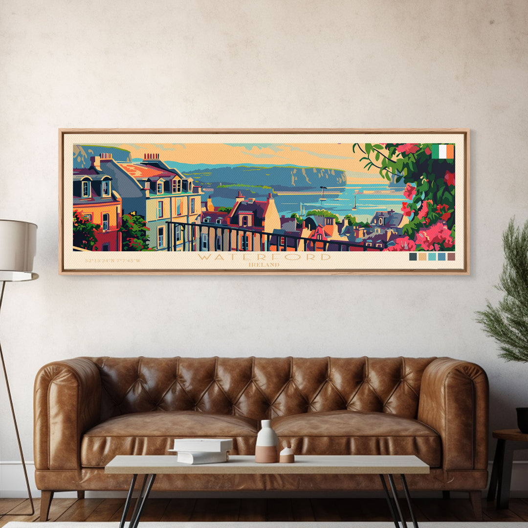 Waterford Ireland Panoramic Travel Poster, Framed Canvas Print or Metal Wall Art, Travel Art, Home Decor, Panoramic Painting, Midcentury Art