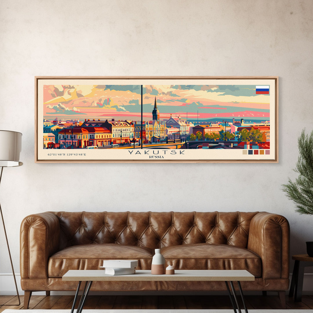 Yakutsk Russia Panoramic Travel Poster, Framed Canvas Print or Metal Wall Art, Travel Art, Home Decor, Panoramic Painting, Midcentury Art