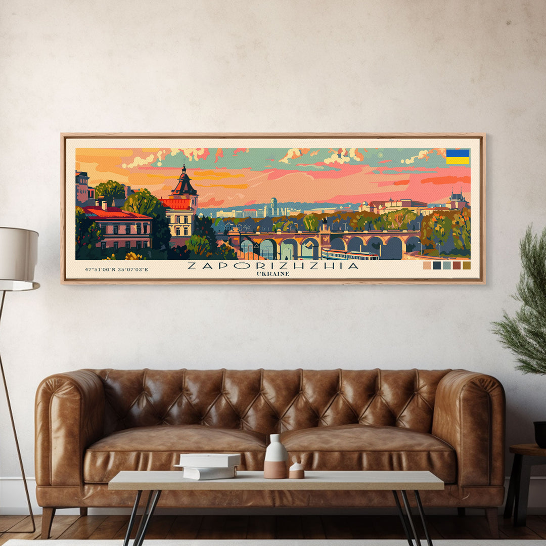 Zaporizhzhia Ukraine Panoramic Travel Poster, Framed Canvas Print or Metal Wall Art, Travel Art, Home Decor, Panoramic Painting, Midcentury Art