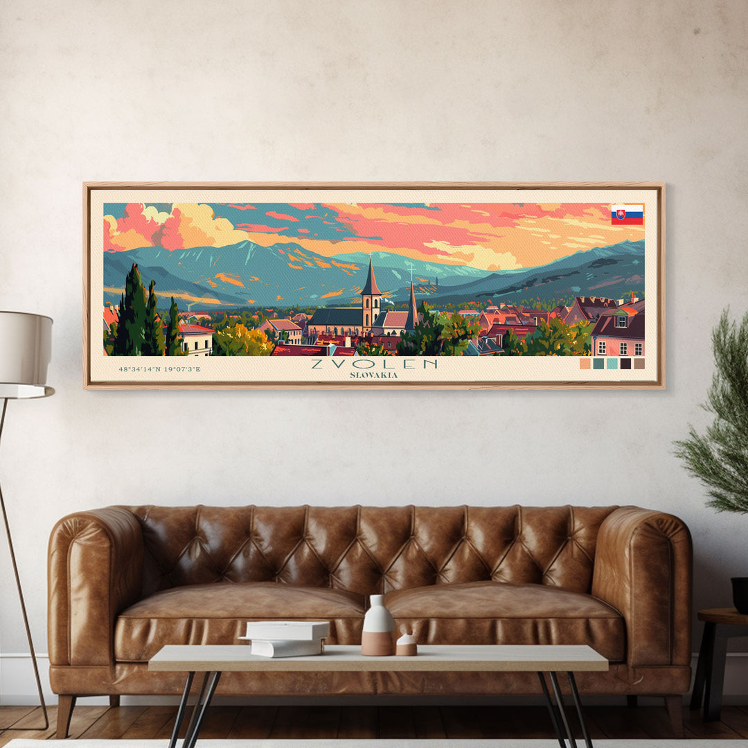 Zvolen Slovakia Panoramic Travel Poster, Framed Canvas Print or Metal Wall Art, Travel Art, Home Decor, Panoramic Painting, Midcentury Art