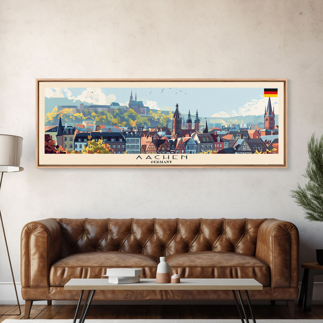 Aachen Germany  Panoramic Travel Poster, Framed Canvas Print or Metal Wall Art, Travel Art, Home Decor, Panoramic Painting, Midcentury Art