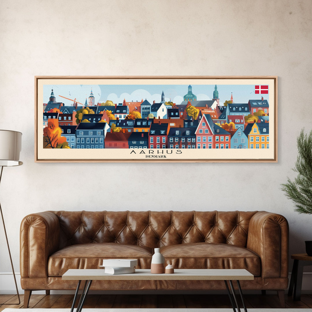 Aarhus Denmark  Panoramic Travel Poster, Framed Canvas Print or Metal Wall Art, Travel Art, Home Decor, Panoramic Painting, Midcentury Art