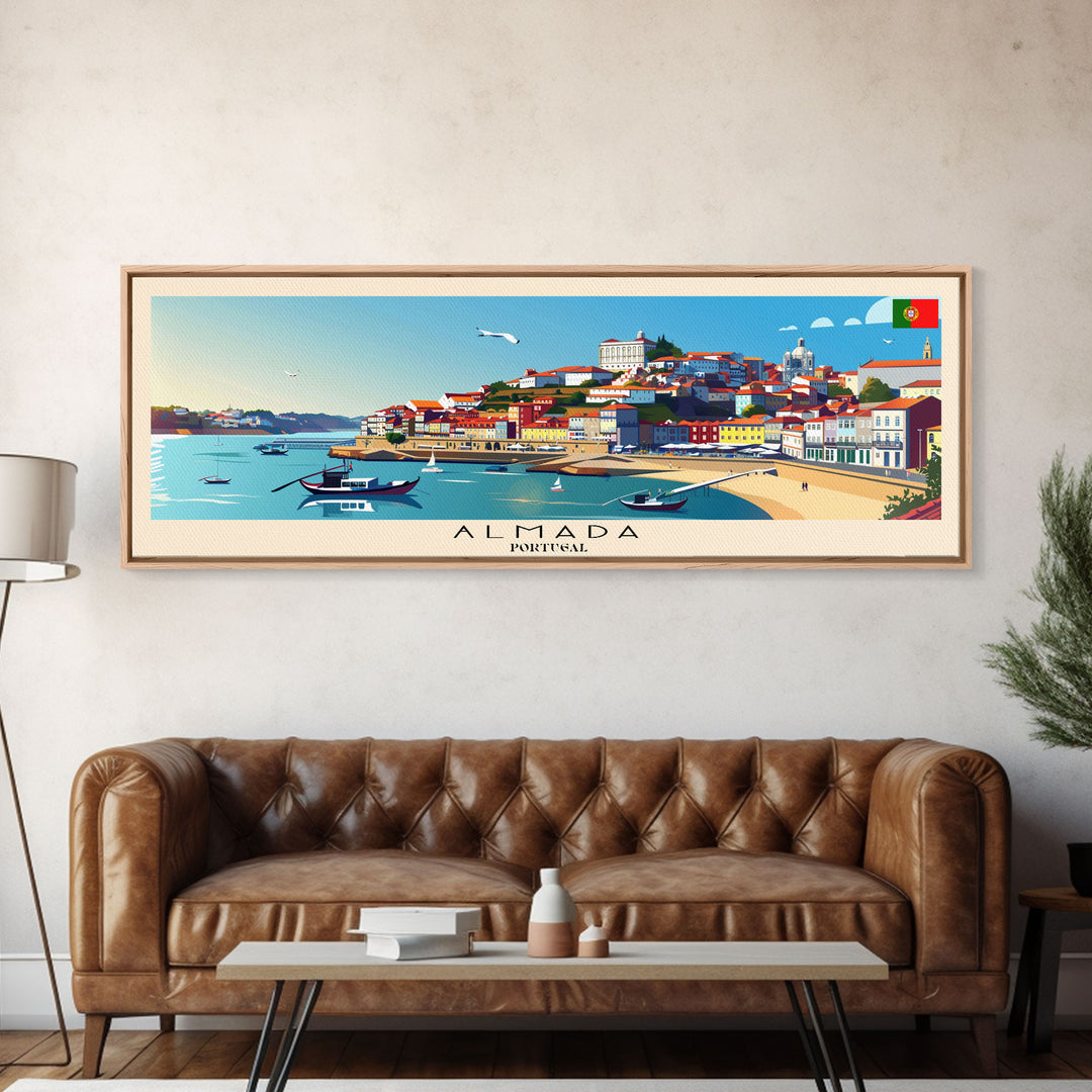 Almada  Portugal Travel Art, City Art, Framed Canvas Print or Metal Wall Art, Europe Travel Poster, Panoramic Wall Art, Extra Wide Wall Art