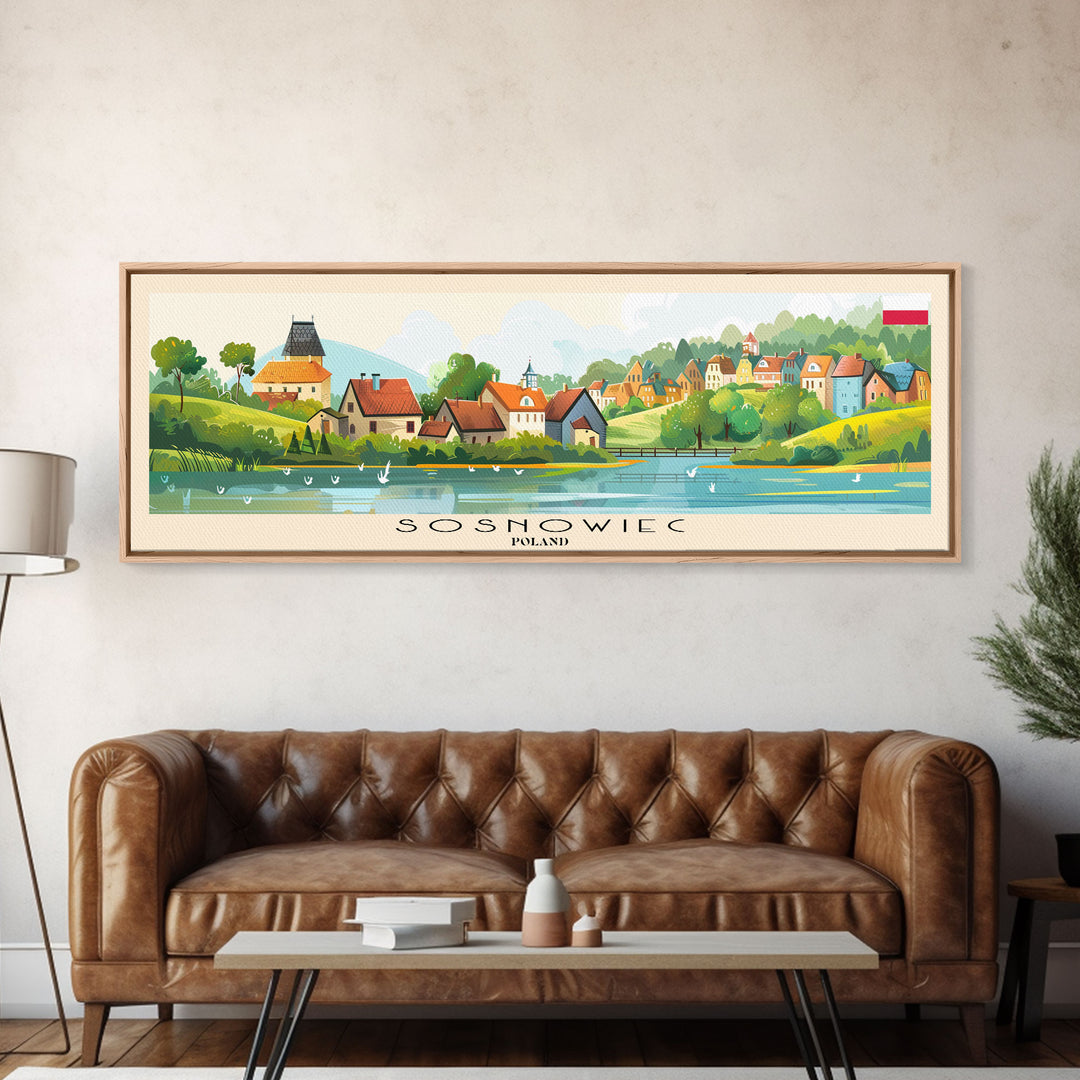 Sosnowiec Poland Panoramic Travel Poster, Framed Canvas Print or Metal Wall Art, Travel Art, Home Decor, Panoramic Painting, Midcentury Art