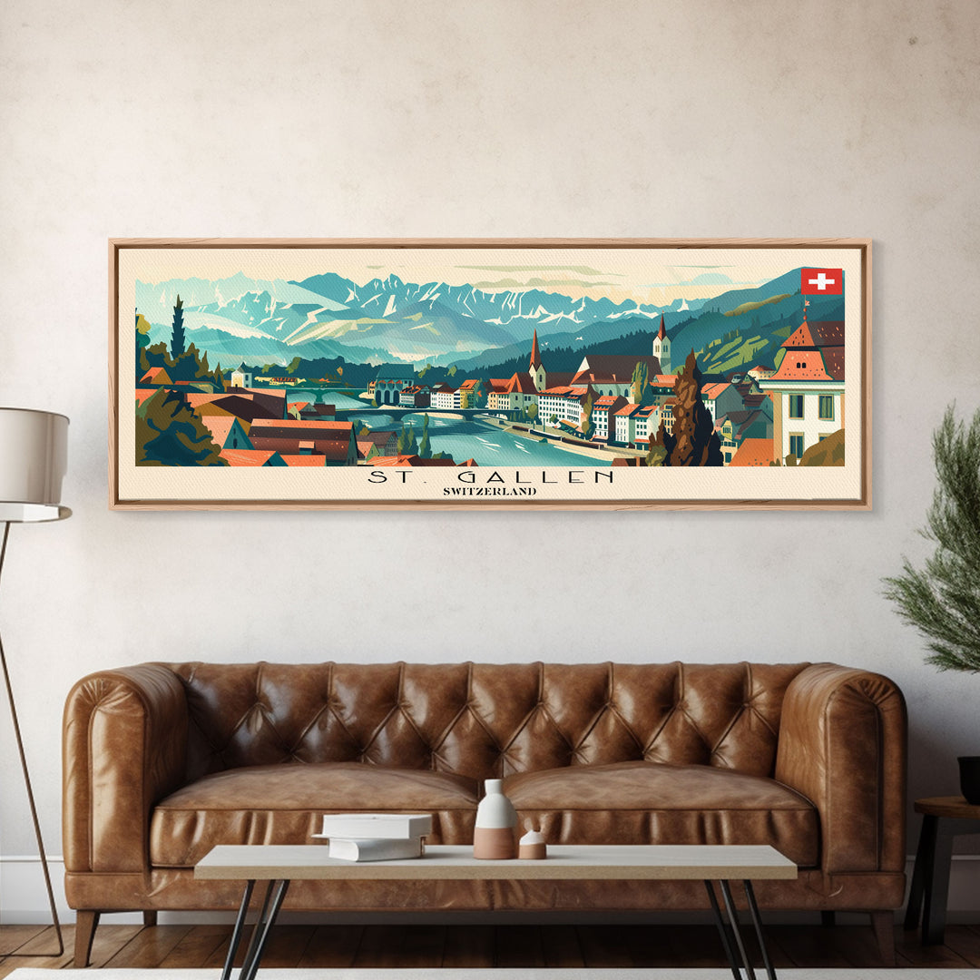 St. Gallen Switzerland Panoramic Travel Poster, Framed Canvas Print or Metal Wall Art, Travel Art, Home Decor, Panoramic Painting, Midcentury Art